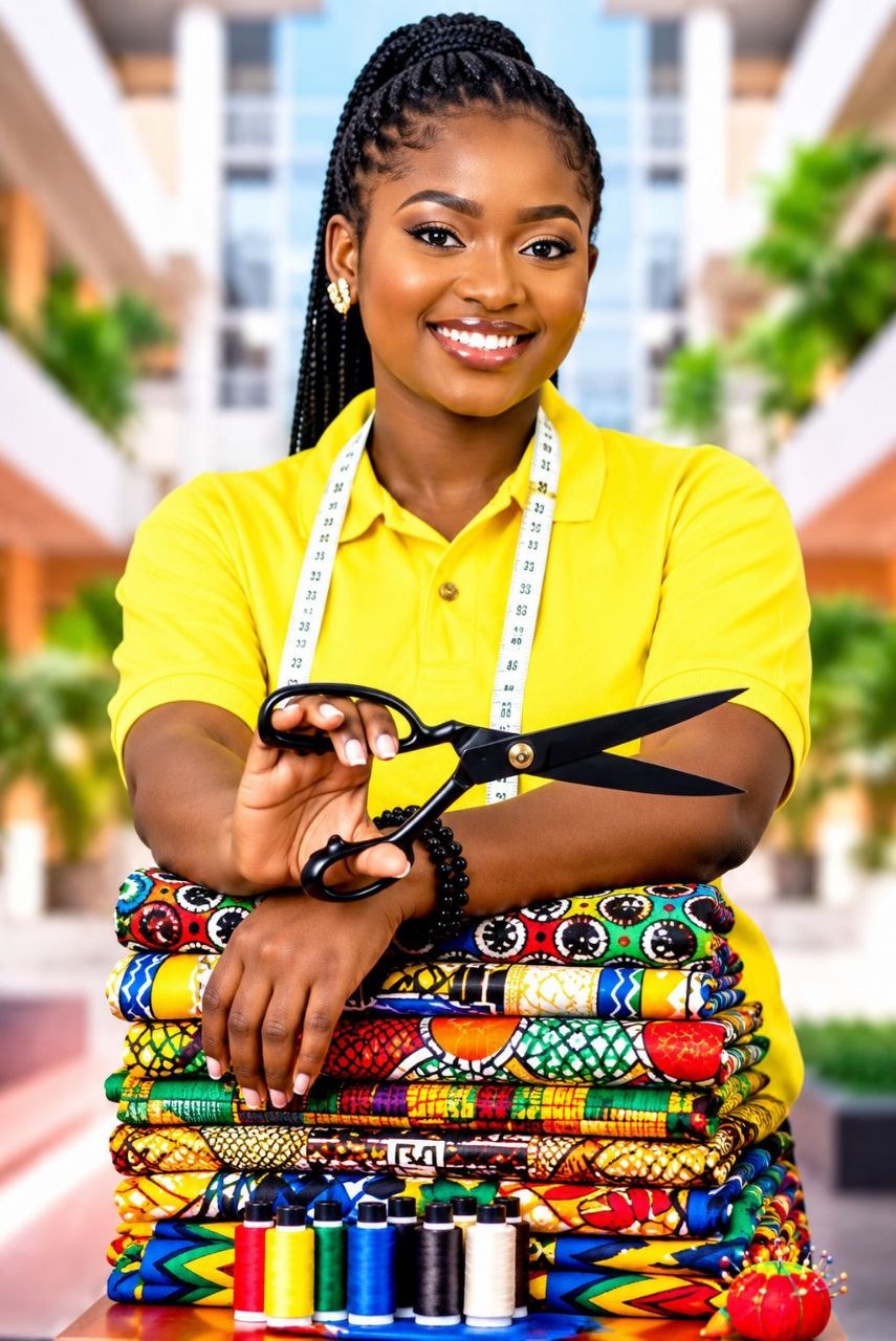 Student holding tailoring shears over a stack of African print fabrics